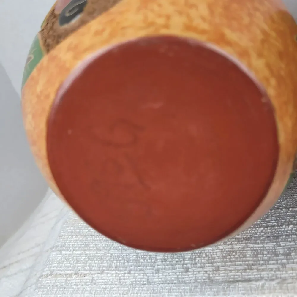 Costa Rica Folk Art Pottery Vase Hand Painted Carved Toucans & Parrots Pair 7